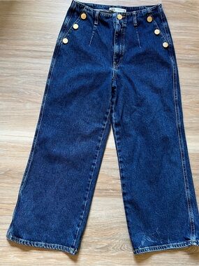 Zara Dark Blue Wide-Leg Jeans with Gold Buttons sailor 6 high rise denim
